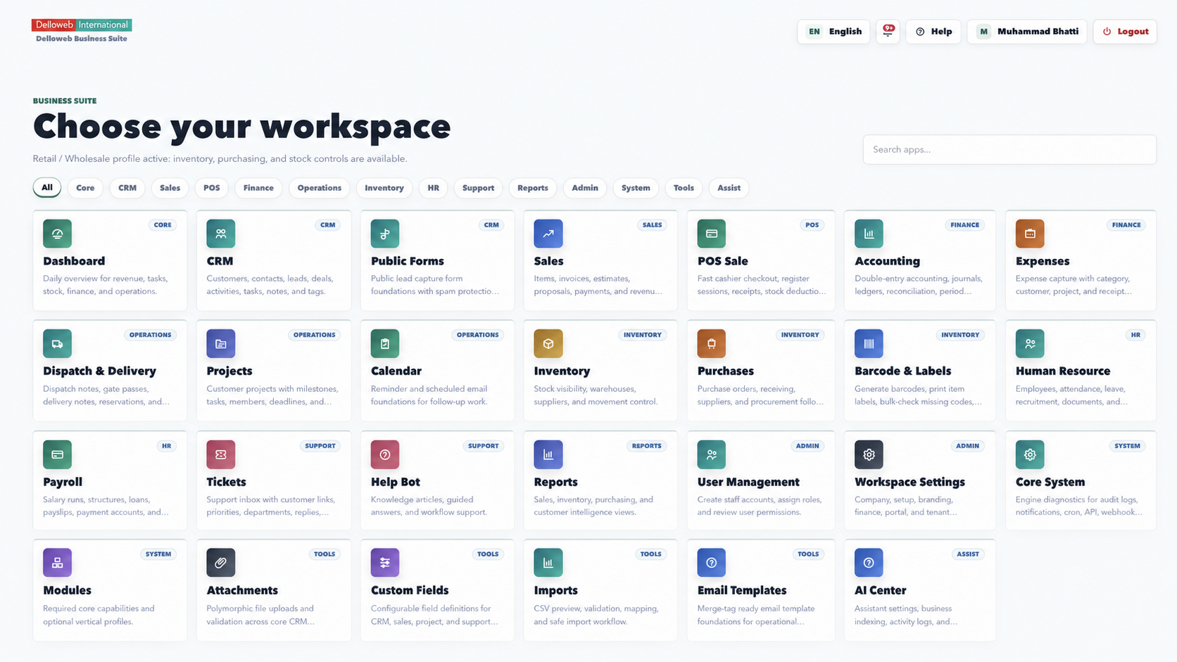 DellowebERP workspace launcher showing connected business applications